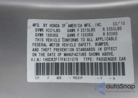 2015 Honda Accord Ex из США, поврежденный, VIN 1HGCR2F77FA121079